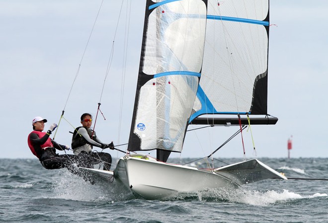 Singapore’s Kimberly Lim (2011 Opti World Champ) and Sara Tan. - 49er National Championships ©  Alex McKinnon Photography http://www.alexmckinnonphotography.com